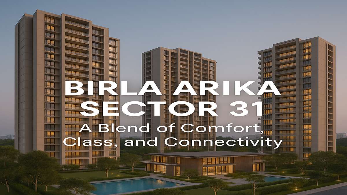 Modern residential towers of Birla Arika Sector 31 Gurgaon with clubhouse and pool at sunset
